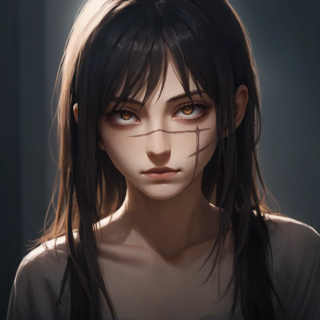 anime style, A portrait of a young woman yoru with scar on face, beautiful light, detailed<lora:yoru_xl-000042:1>