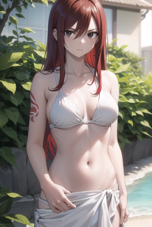 erzascarlet, <lora:erza scarlet v2-lora-nochekaiser:1>,
erza scarlet, long hair, (red hair:1.5), hair between eyes, (brown eyes:1.7),
BREAK navel, swimsuit, bikini, tattoo, white bikini, (sarong:1.5),
BREAK outdoors, beach,
BREAK looking at viewer,
BREAK <lyco:GoodHands-beta2:1>, (masterpiece:1.2), best quality, high resolution, unity 8k wallpaper, (illustration:0.8), (beautiful detailed eyes:1.6), extremely detailed face, perfect lighting, extremely detailed CG, (perfect hands, perfect anatomy),