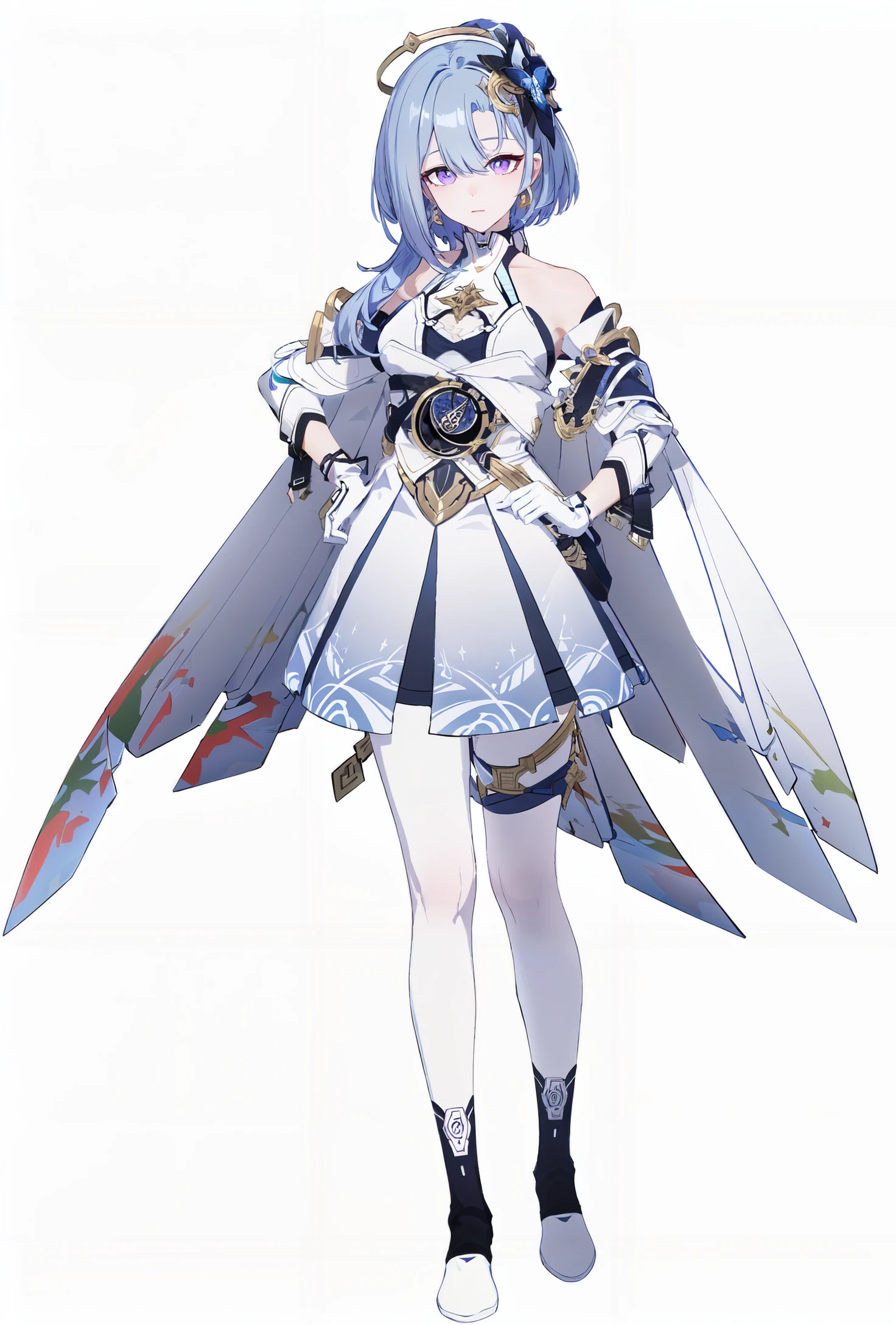 8k, best quality, masterpiece, (ultra-detailed:1.1), (high detailed skin),
(full body:1.2), white background, standing, looking at viewer, (solo:1.4), hand on hip,
<lora:dagelei-v100:0.8:lbw=OUTALL>, dglx, 1girl, gloves, purple eyes, blue hair, white dress,
(white background, simple background:1.5),
(beautiful_face), ((intricate_detail)), clear face,
((finely_detailed)), fine_fabric_emphasis,
((glossy)), full_shot