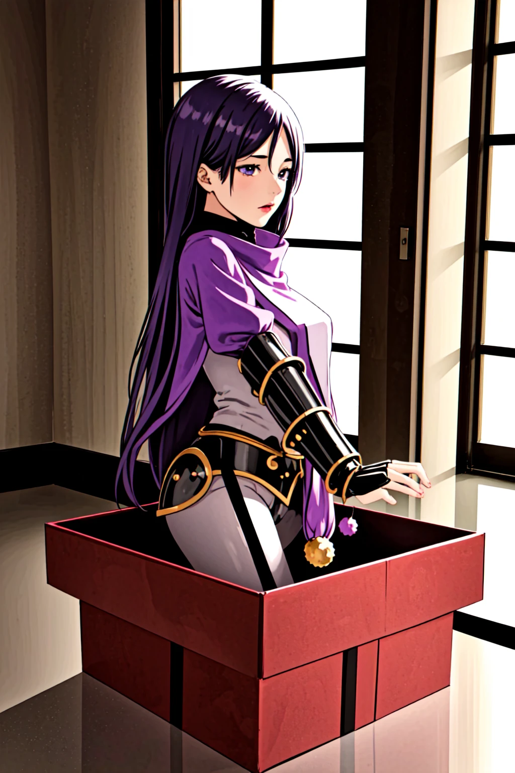 1girl in a gift box, <lora:yomama_surprise_gift_v5-10:0.8>yomama_surprise_gift_v5 <lora:LCM_LoRA_Weights_SD15:1> indoor, Christmas decoration , <lora:fate_minamoto-10:0.8> minamotodef, armor, bodysuit, tabard, ribbed sleeves, black gloves, fingerless gloves,