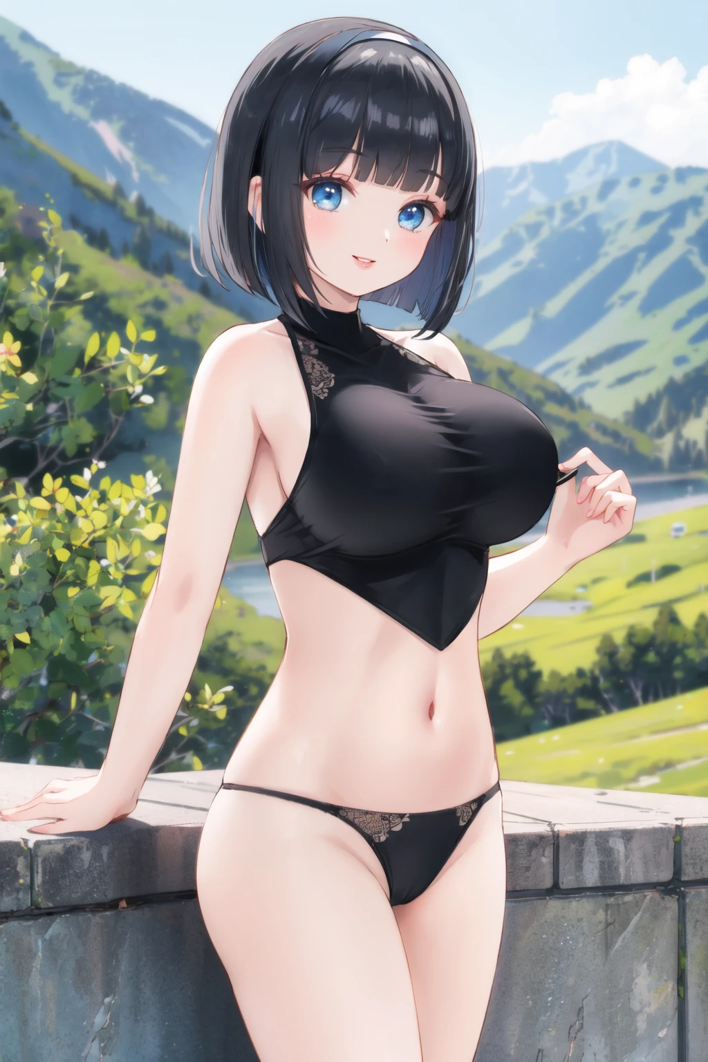<lora:dudou2:0.6>, dudou, panties, bob cut, blunt bangs, hairband, black hair, blue eyes, large breasts, smile, lips, outdoors, mountain