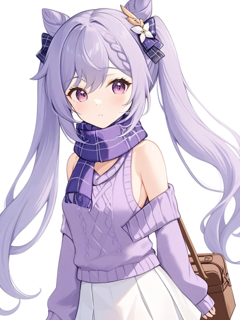 <lora:keqing:1>,1girl, keqing \(genshin impact\), solo, official alternate costume, scarf, sweater, skirt, white background, white skirt, bare shoulders, looking at viewer, long sleeves, bow, simple background, purple sweater, bag, hair bow, casual, closed mouth, plaid scarf, plaid, very long hair, hair ribbon