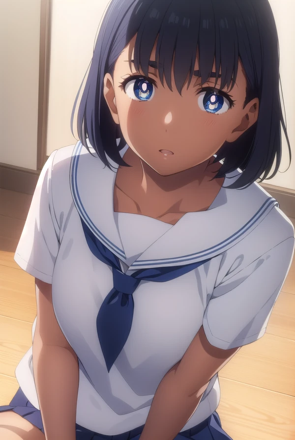 miokofune, <lora:mio kofune s1-lora-nochekaiser:1>,
mio kofune, short hair, blue eyes, black hair, dark skin, dark-skinned female, (bright pupils:1.5),
BREAK skirt, shirt, school uniform, white shirt, short sleeves, pleated skirt, serafuku, socks, blue skirt, white socks,
BREAK indoors, classroom,
BREAK looking at viewer,
BREAK <lyco:GoodHands-beta2:1>, (masterpiece:1.2), best quality, high resolution, unity 8k wallpaper, (illustration:0.8), (beautiful detailed eyes:1.6), extremely detailed face, perfect lighting, extremely detailed CG, (perfect hands, perfect anatomy),