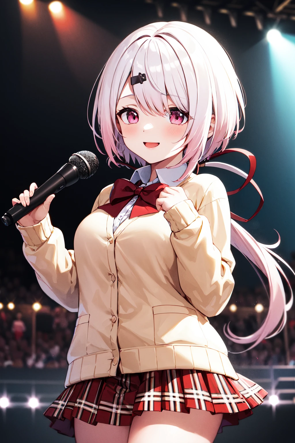 masterpiece, best quality, highres, aayuika, vey long hair, gradient hair, pink hair, white hair, low ponytail, hair ribbon, hairclip, red bow, brown cardigan, long sleeves, sleeves past wrists, pleated skirt, red skirt, plaid skirt, , <lora:shiina_yuika_v1:0.7>, stage, holding microphone, smile,