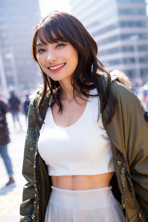 1girl, (wearing a cropped top and parka:1.5),(RAW photo, best quality), (realistic, photo-realistic:1.4), masterpiece, an extremely delicate and beautiful, extremely detailed, 2k wallpaper, Amazing, finely detail, extremely detailed CG unity 8k wallpaper, ultra-detailed, highres, soft light, beautiful detailed girl, extremely detailed eyes and face, beautiful detailed nose, beautiful detailed eyes,cinematic lighting,(in the city:2.2),perfect anatomy,(slender body:1.0),(close up face:2.0),(gentle laugh,Friendly , warm:2.0),(looking at viewer:2.2),(young japanese idol:1.8),(wavy long hair:1.8), (brown eyes:1.8),(walking:2.0), (hands in pockets:1.8),(cleavage:1.6), <lora:kounomarika_lora-10:0.8>
