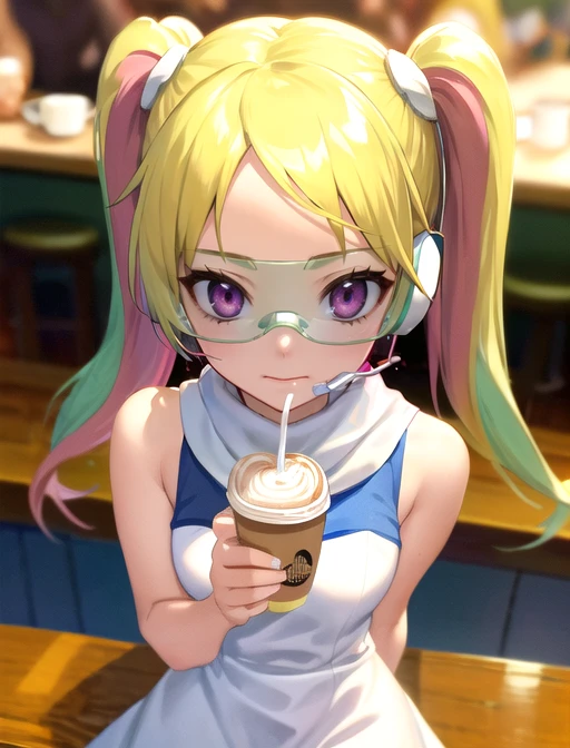 best quality, masterpiece, highres, detailed, digital artwork, <lora:Tools - add_detail:0.2>, HoshinoSora, twintails, (two-toned hair, blonde hair:2, pink hair, green hair, split bangs), forehead, goggles, tinted eyewear, headset, white and blue dress, sleeveless dress, scarf, <lora:Character - HoshinoSora:0.8>, drinking coffee, cafe, chill,