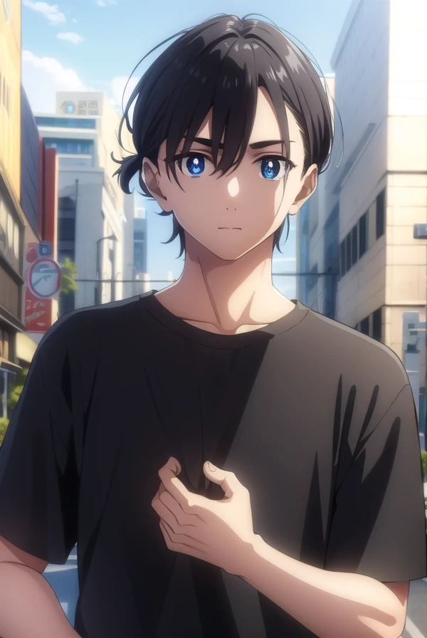 shinpeiajiro, <lora:shinpei ajiro s1-lora-nochekaiser:1>,
shinpei ajiro, black hair, hair between eyes, male focus, blue eyes,
BREAK short sleeves, pants, black shirt, t-shirt,
BREAK outdoors,
BREAK looking at viewer,
BREAK <lyco:GoodHands-beta2:1>, (masterpiece:1.2), best quality, high resolution, unity 8k wallpaper, (illustration:0.8), (beautiful detailed eyes:1.6), extremely detailed face, perfect lighting, extremely detailed CG, (perfect hands, perfect anatomy),