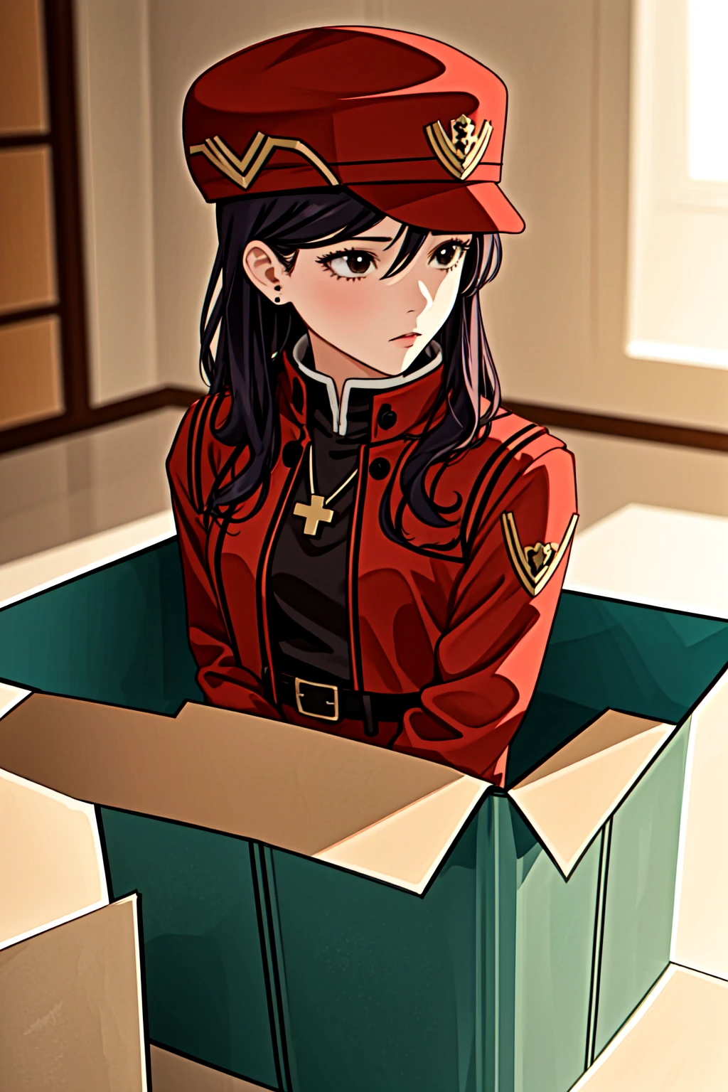 1girl in a gift box, <lora:yomama_surprise_gift_v5-10:0.mama_surprise_gift_v5 <lora:LCM_LoRA_Weights_SD15:1> indoor, Christmas decoration ,<lora:misato-nvwls-v1:0.8> misato, black eyes, parted bangs, long hair, earrings, cross necklace, red jacket, long sleeves, black dress, parted bangs, long hair, earrings, yellow tank top, belt, denim shorts, short hair, hair between eyes, hair bun, peaked cap, red coat, military uniform, black pantyhose, white gloves