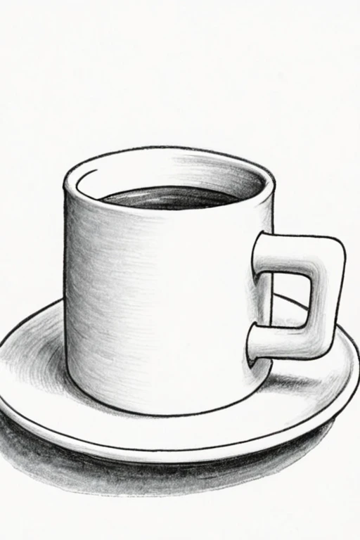 a black and white pencil drawing of a mug on a saucer on a white background by Mark Kistler <lora:Mark_Kistler_Style_XL:1>