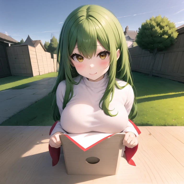 kagamimochi, head on rice cake, breasts on square wooden base, a pair fern, paper between rice cake to wooden base, smile,
<lora:kagamimochi-002_0.7:1>