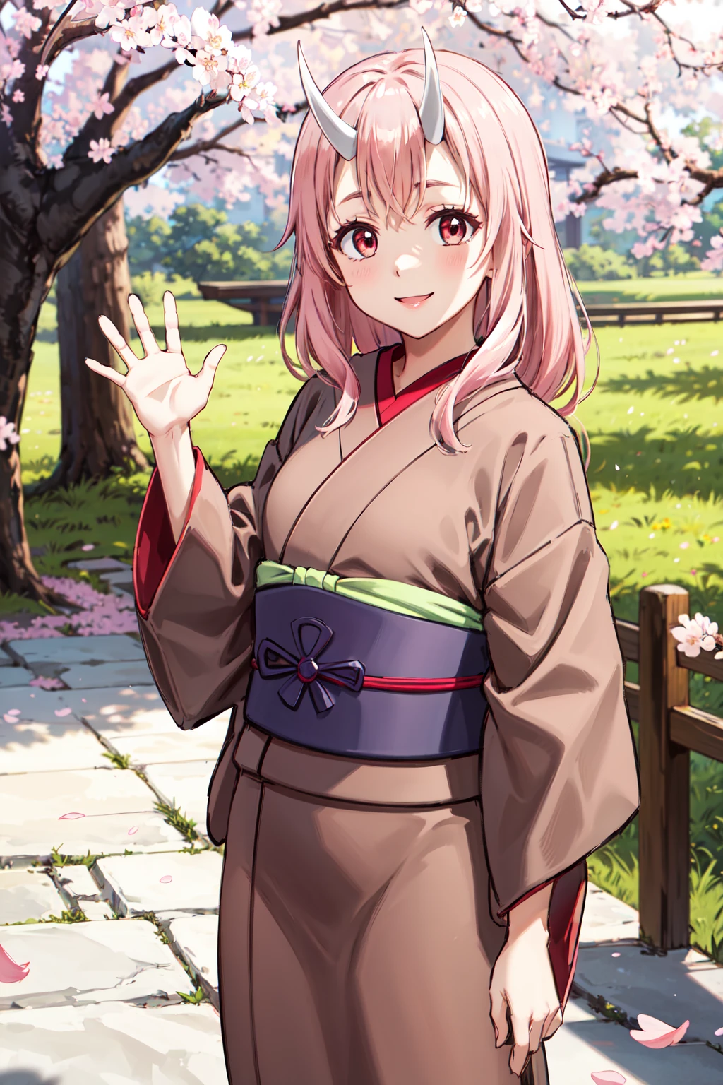 masterpiece,best quality,highres,ultra-detailed,bbshuna,oni horns,long hair,hair ornament,japanese clothes,brown kimono,sash,obi,tabi,<lora:shuna_(tensei_shitara_slime_datta_ken):0.7>,outdoors,cherry blossoms,standing,cowboy shot,smile,waving,