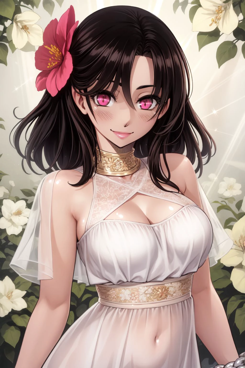 cowboy_shot, solo, 1girl, looking at viewer, smile, medium breasts, dark brown hair, undercut, pink eyes, beautiful detailed face, ultra detailed eyes, white Clothes, spiked bracelet, sunbeam, Lilac \(flower\), floral background <lora:Antaria_style_v02.125:1>