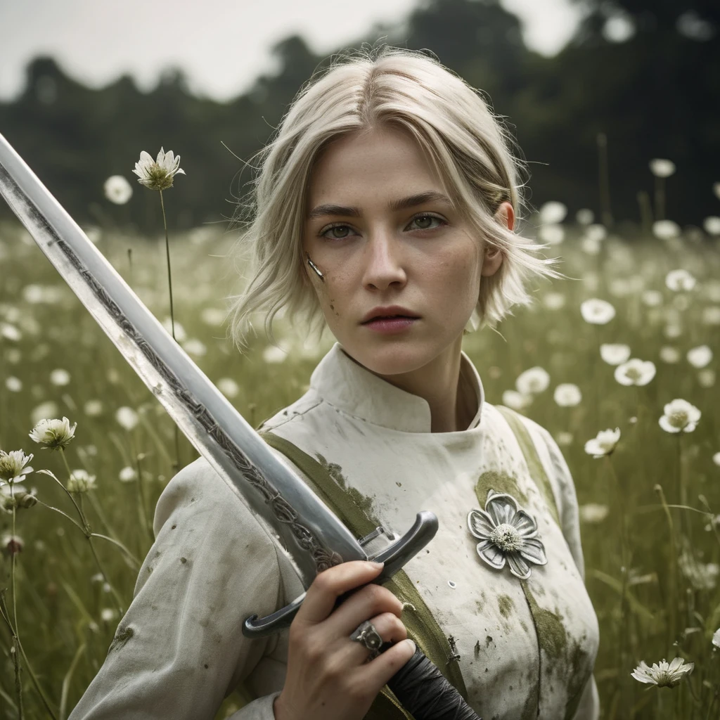 Super Closeup Portrait, action shot, Profoundly dark whiteish meadow, glass flowers, Stains, space grunge style, Jeanne d Arc wearing White Olive green used styled Cotton frock, Wielding thin silver sword, Sci-fi vibe, dirty, noisy, Vintage monk style, very detailed, hd,

