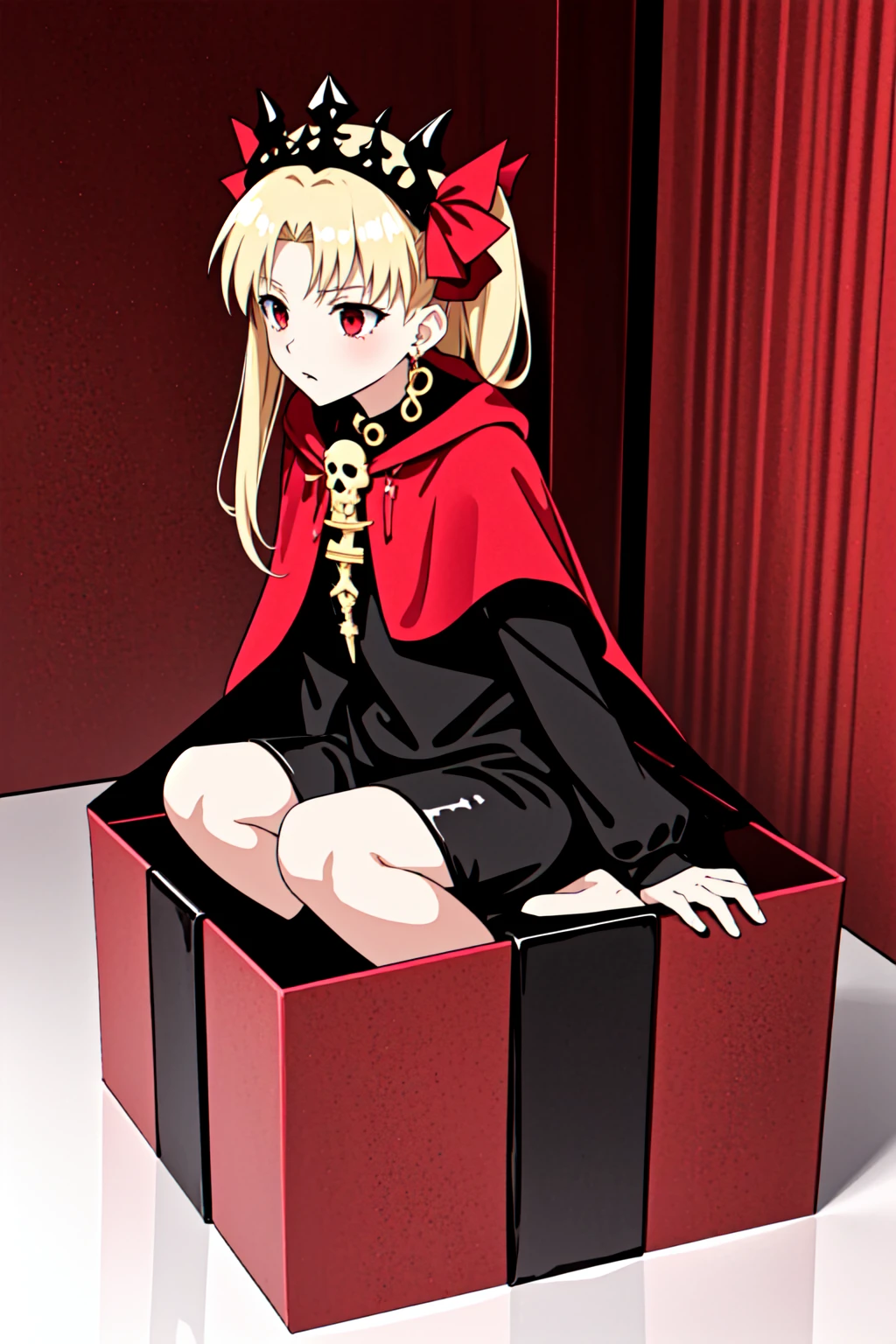 1girl in a gift box, <lora:yomama_surprise_gift_v5-10:0.mama_surprise_gift_v5 <lora:LCM_LoRA_Weights_SD15:1> indoor, Christmas decoration , <lora:CHAR-EreshkigalV2:0.8> Ereshkigal, two side up, hair ribbon, EreshkigalBase, two side up, hair ribbon, tiara, black dress, single sleeve, skull, spine, gold trim, red cape, single thighhigh,
