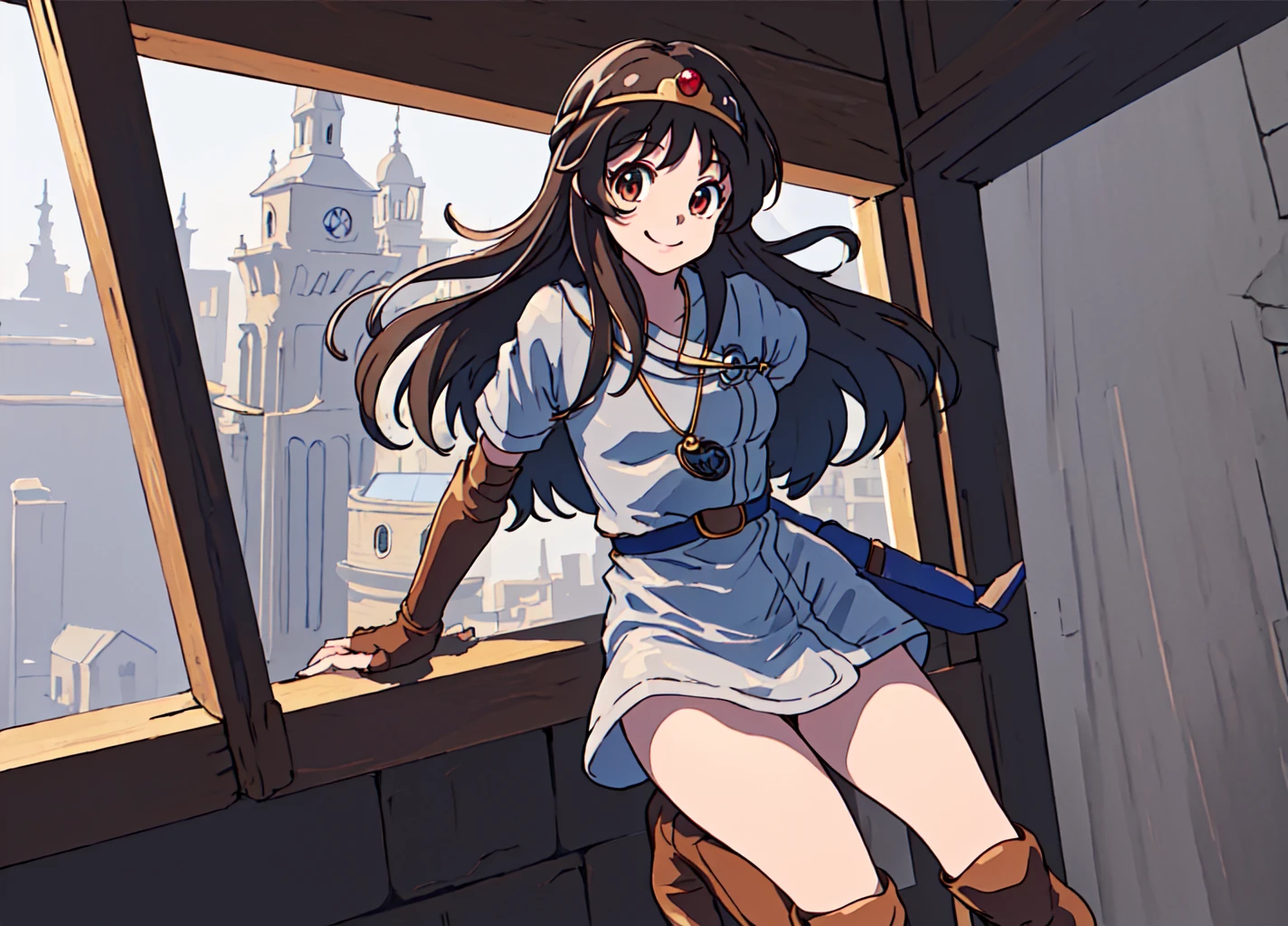 <lora:ki:0.8>,ki,masterpiece,best quality,super fine illustration,solo,interior of tower,smile,jumping,