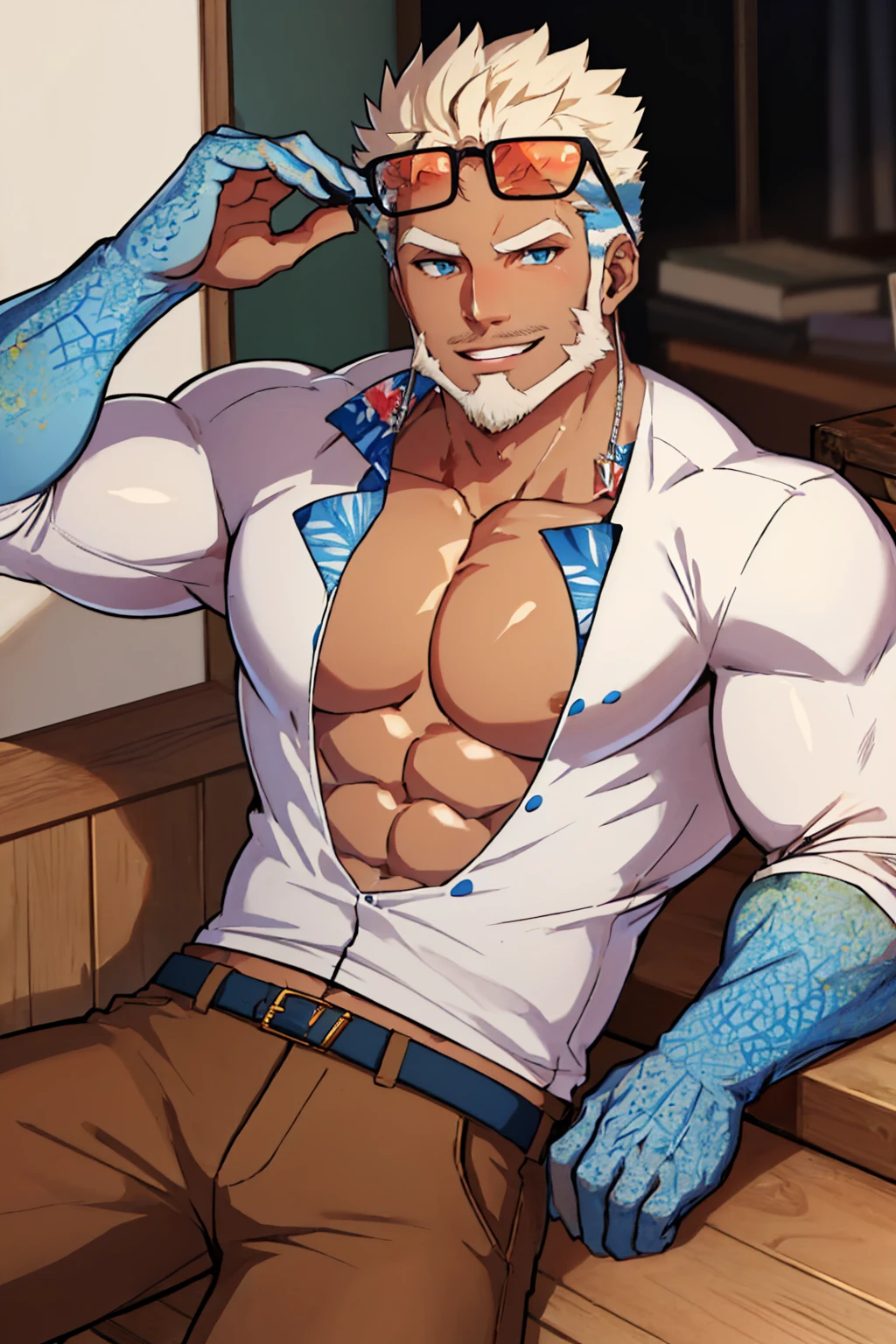 (masterpiece, best quality:1.2), solo, male focus, 1boy, housamoaegir, dark skin, fish boy, smile, looking at viewer, eyewear on head, open clothes, shirt, pectorals, brown shorts, single earring, outodors <lora:housamo_aegir:1>
