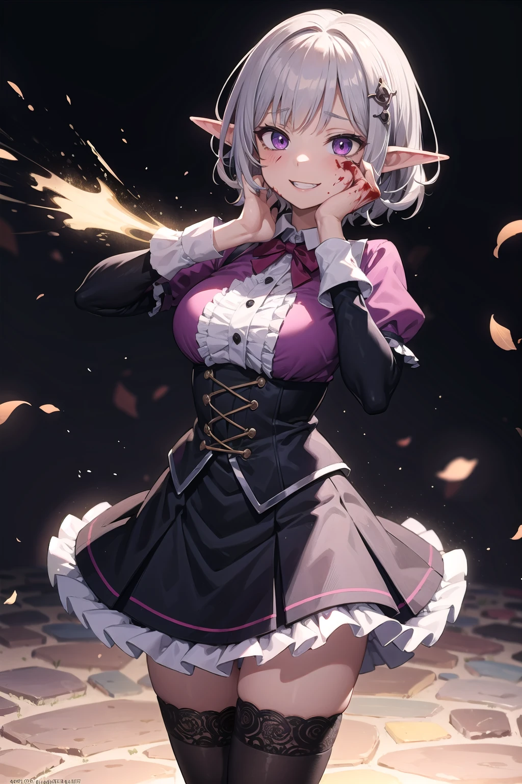 (masterpiece),  best quality,  high resolution,  extremely detailed,  detailed background,  cinematic lighting,  outdoor,  1girl,  elf,  medium hair,  silver hair,  crossed bangs,  purple eyes,  medium breasts,  pink shirt,  black dress,  drastic hair ornaments,  skirt,  frills,  lace rims,  frilled sleeves,  frilled skirt,  thighhigh,  ankle boots,  yandere,  yandere face,  shaded face,  crazy eyes,  glowing eyes,  crazy smile,  blood,  blood on face,  blood on clothes,  hands on own cheeks