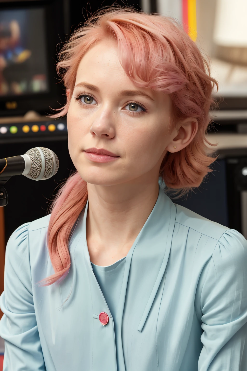 CS-BRYO, (Beauty photo:1.2) of n4nna with pink hair, wearing blue ribbon collar shirt, in a recording studio singing her new song, (upper body framing:1.3), soft diffused lighting
<lora:ribbon collar shirt_20231219200608:0.7>, (masterpiece, photorealistic:1.2), high quality, intricate details, highly detailed background, 8k
