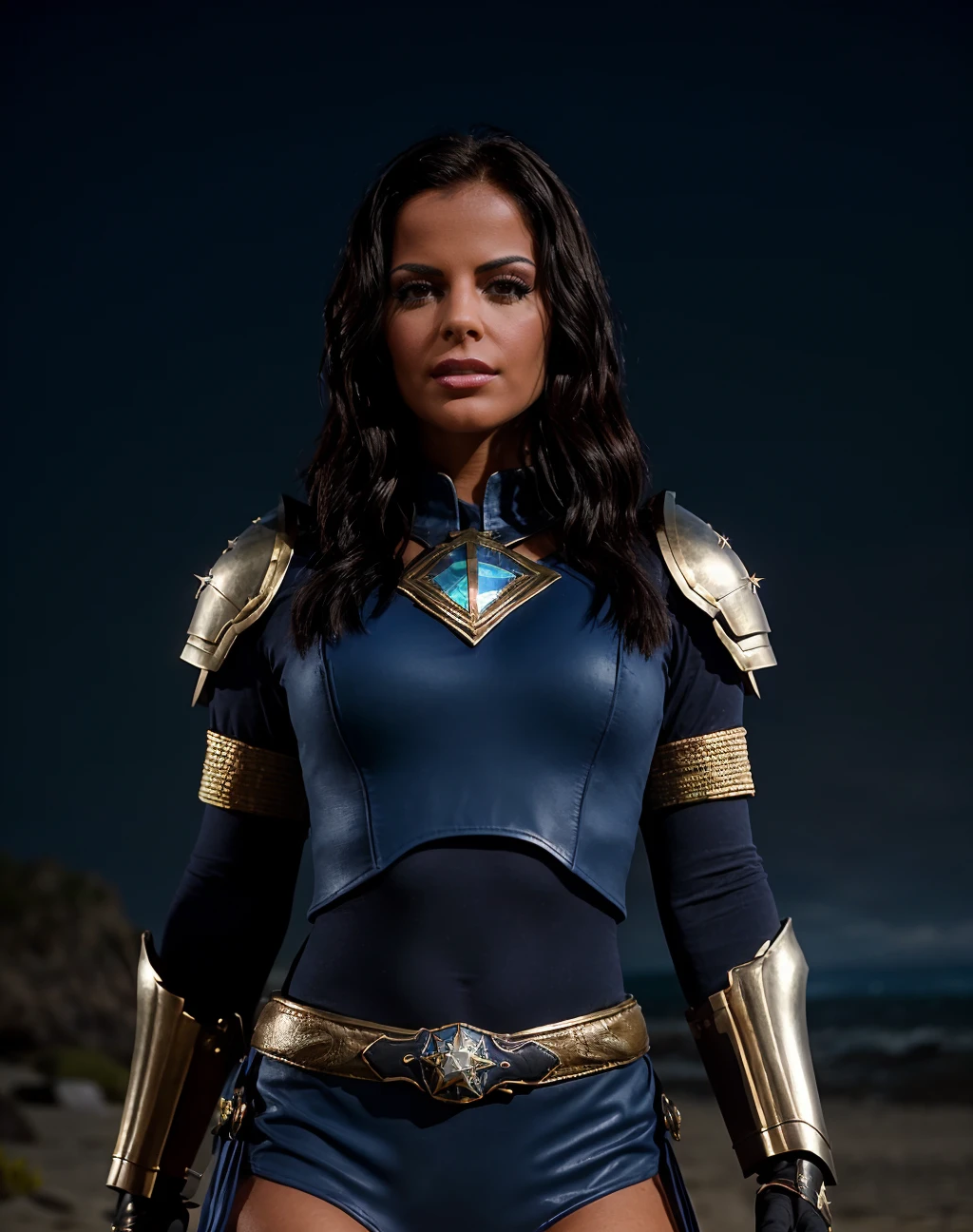 cinematic film still concept art , realistic, <lora:quiron_BlackAngelika_v1_Lora:0.67> BlackAngelikaQuiron woman Dressed in the (style of Surreal Mage Quirky Cobalt Roman legionnaire armor with Obi belt) (with Starry Beach in the background and accompanied by a Opal Otter), Standing with one foot slightly lifted, . digital artwork, illustrative, painterly, matte painting, highly detailed . shallow depth of field, vignette, highly detailed, high budget Hollywood movie, bokeh, cinemascope, moody, epic, gorgeous, film grain, grainy