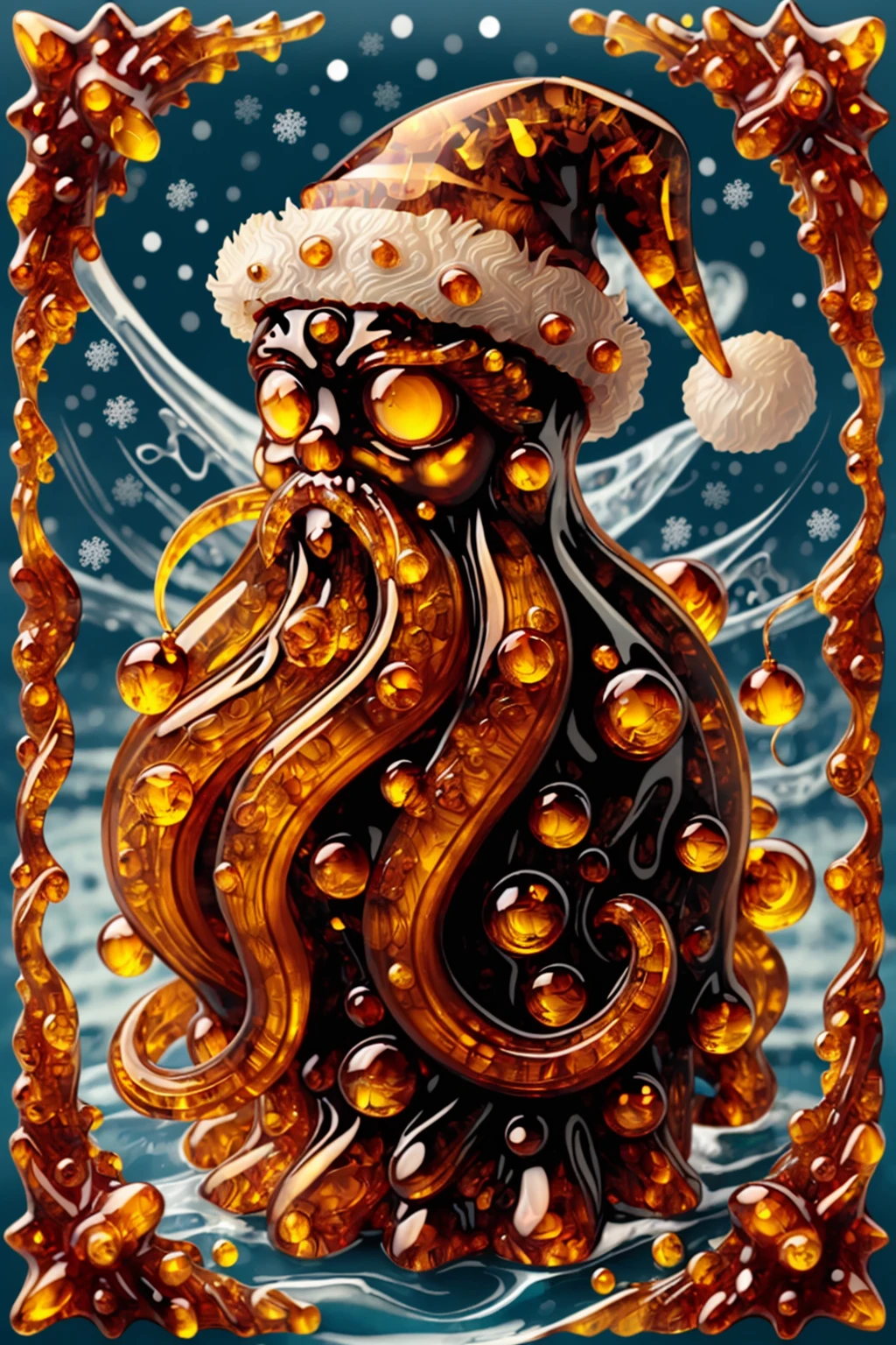 ral-amber, creepy octupus in the ocean christmas ornament with a santa hat on <lora:ral-amber-sd15:1>