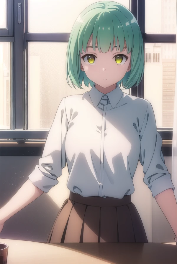 yukikusakabe, <lora:yuki kusakabe s1-lora-nochekaiser:1>,
yuki kusakabe, short hair, (yellow eyes:1.2), green hair,
BREAK skirt, shirt, school uniform, white shirt, pleated skirt, brown skirt,
BREAK indoors, classroom,
BREAK looking at viewer,
BREAK <lyco:GoodHands-beta2:1>, (masterpiece:1.2), best quality, high resolution, unity 8k wallpaper, (illustration:0.8), (beautiful detailed eyes:1.6), extremely detailed face, perfect lighting, extremely detailed CG, (perfect hands, perfect anatomy),