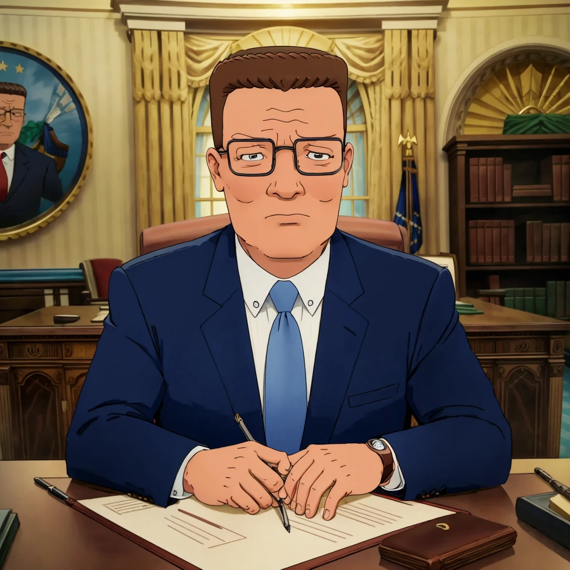 (best quality, masterpiece:1.2),2d illustration, hank hill as president,president,dark blue suit,oval office,wide angle, sitting at desk <lora:hank_hill_sd_1.5_v1:0.8><lora:add_detail:0.7>