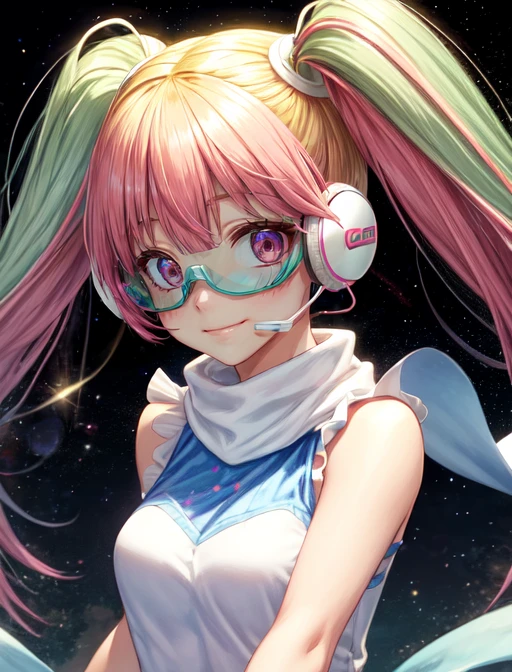 best quality, masterpiece, highres, detailed, digital artwork, <lora:Tools - add_detail:0.2>, HoshinoSora, twintails, (two-toned hair, blonde hair:3, pink hair, green hair, split bangs), forehead, goggles, tinted eyewear, headset,  white and blue dress, sleeveless dress, scarf, <lora:Character - HoshinoSora:0.8>, space, cosmic, musical note, disco, stage lights, upper body, v,