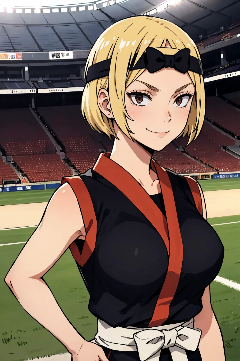 masterpiece, best quality, <lora:tanakasaeko-nvwls-v1-000009:0.8> tanaka saeko, blonde hair, headband, japanese clothes, black clothes, sleeveless, sash, outdoors, sports stadium, solo, furrowed brow, smile, large breasts