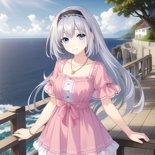 ((masterpiece)),(best quality),official art,extremely detailed CG,unity 8k wallpaper,ultra detailed,A lighthouse on a cliff by the sea,1girl,solo,upper body,looking at viewer,arusu maria,pink dress,necklace,black thighhighs,blue eyes,hairband,long hair,silver hair,smile,<lora:Arusu Maria(dal)>,<lora:TSNeptunia-000045:0.5>,