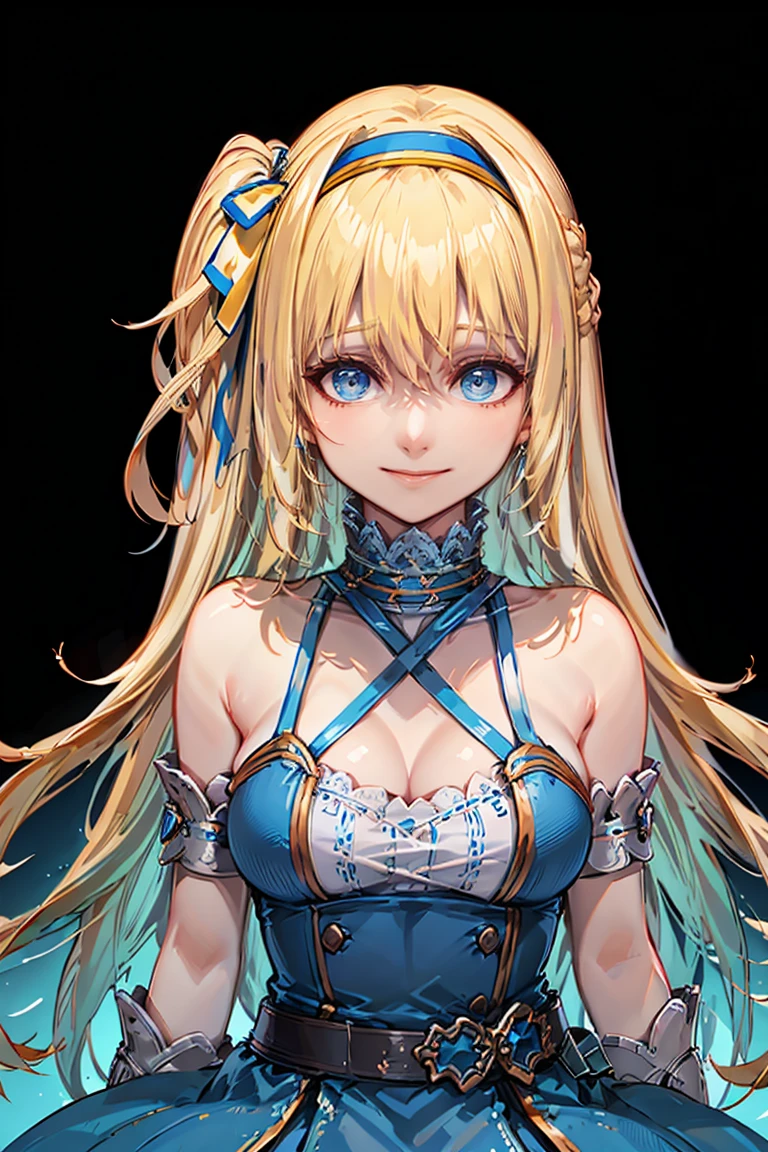 ((masterpiece,best quality)), absurdres,
<lora:Marina_Lucce_Maxetto_OC:0.8>, Marina_Lucce_Maxetto_OC, 1girl, solo, blonde, very long hair, french braid,
looking at viewer, smile, dress, ribbon, bare shoulders, hair ribbon, upper body, hairband, choker, gradient, gradient background, blue dress, halterneck, one side up, blue background, blue hairband, blue choker