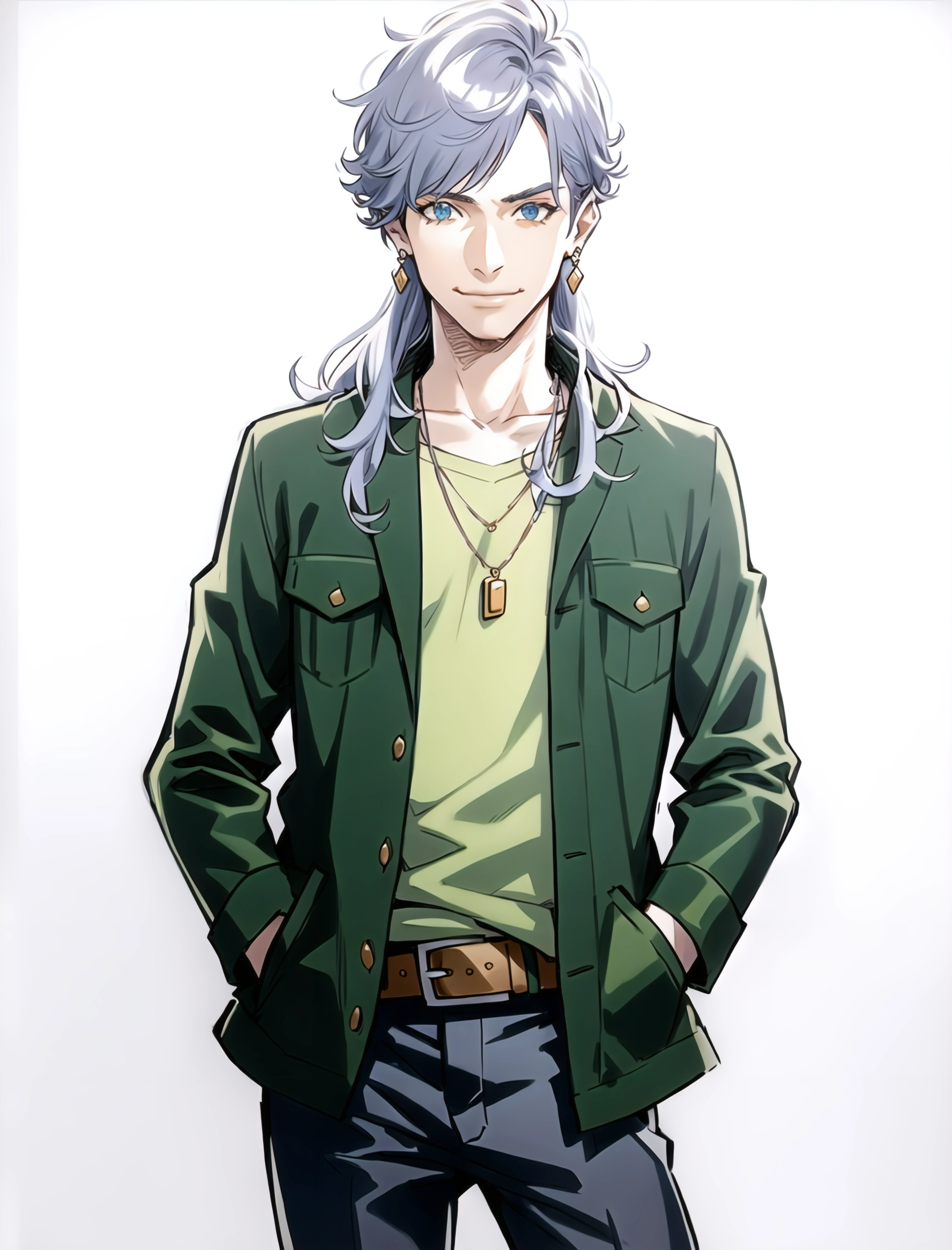 jewelry, 1boy, male focus, solo, long hair, necklace, blue eyes, jacket, belt, smile, traditional media, hand in pocket, grey hair, earrings, looking at viewer, shirt, pants, simple background, cowboy shot, long sleeves, white background, marker (medium), closed mouth, open clothes, <lora:eisu_2-000032:1>,