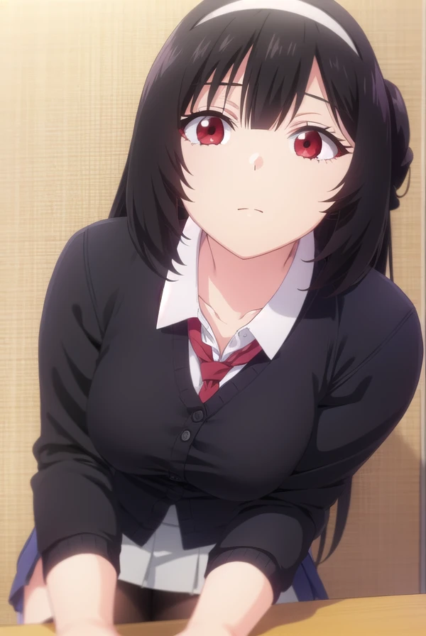 kareninukai, <lora:karen inukai s1-lora-nochekaiser:1>,
karen inukai, long hair, black hair, (red eyes:1.3),
BREAK skirt, school uniform, pleated skirt, hairband, black pantyhose, cardigan, white hairband,
BREAK indoors, classroom,
BREAK looking at viewer,
BREAK <lyco:GoodHands-beta2:1>, (masterpiece:1.2), best quality, high resolution, unity 8k wallpaper, (illustration:0.8), (beautiful detailed eyes:1.6), extremely detailed face, perfect lighting, extremely detailed CG, (perfect hands, perfect anatomy),