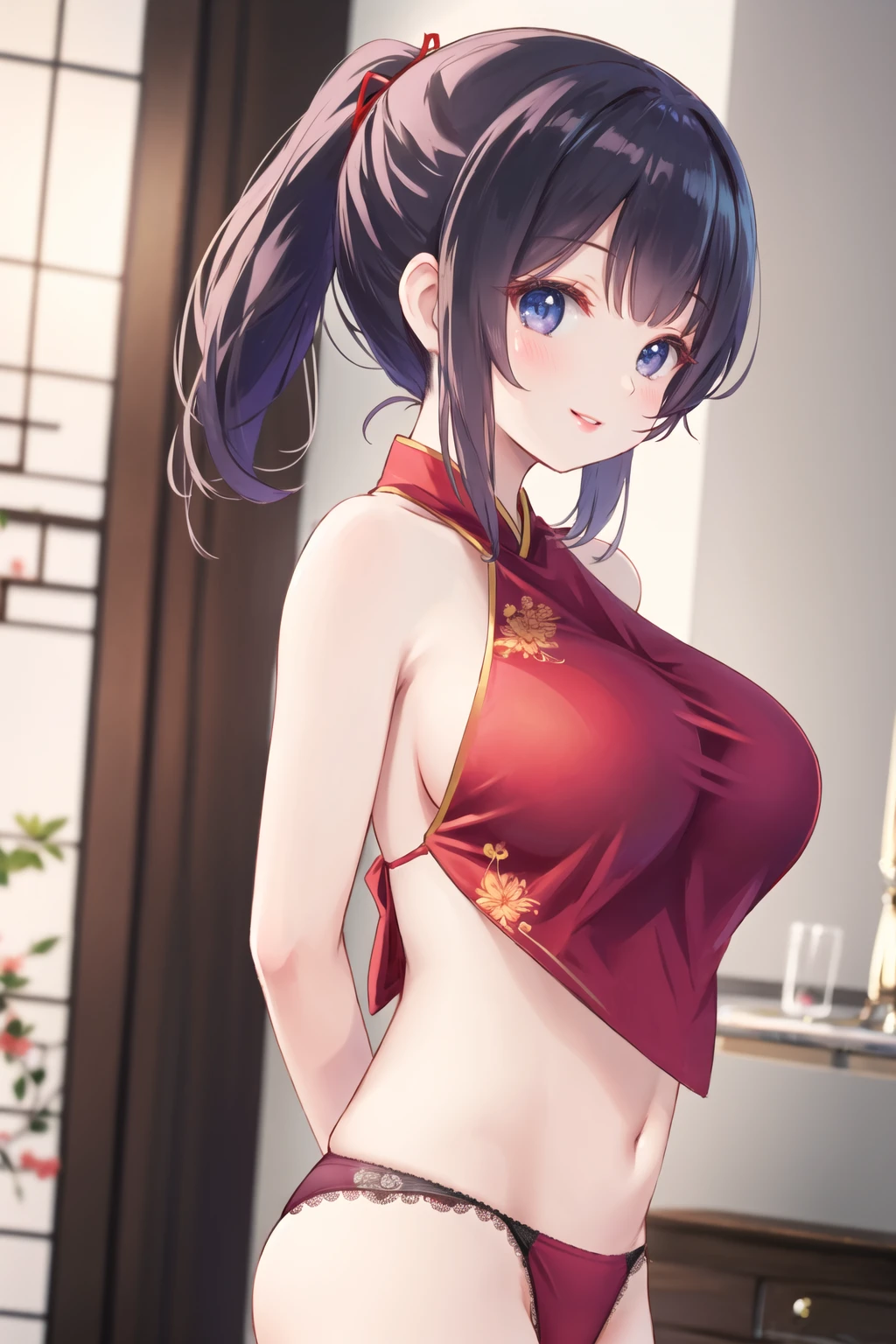<lora:dudou2:0.6>, (dudou), panties, from side, lips, smile, huge breasts, ponytail, indoors, looking at viewer, arms behind back, sideboob