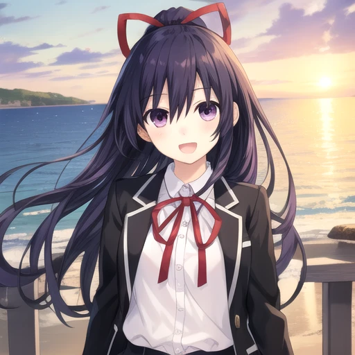 ((masterpiece)),(best quality),official art,extremely detailed CG,unity 8k wallpaper,ultra detailed,A lighthouse on a cliff by the sea,1girl,solo,upper body,(portrait:1.2),looking at viewer,yatogami tooka,bangs,blush,very long hair,hair between eyes,sidelocks,hair ribbon,floating hair,smile,black thighhighs,black jacket,white shirt,pleated skirt,high ponytail,purple hair,open mouth,red ribbon,school uniform,skirt,violet eyes,zettai ryouiki,loafers,<lora:Yatogami Tohka(dal)>,<lora:TSNeptunia-000045:0.5>,