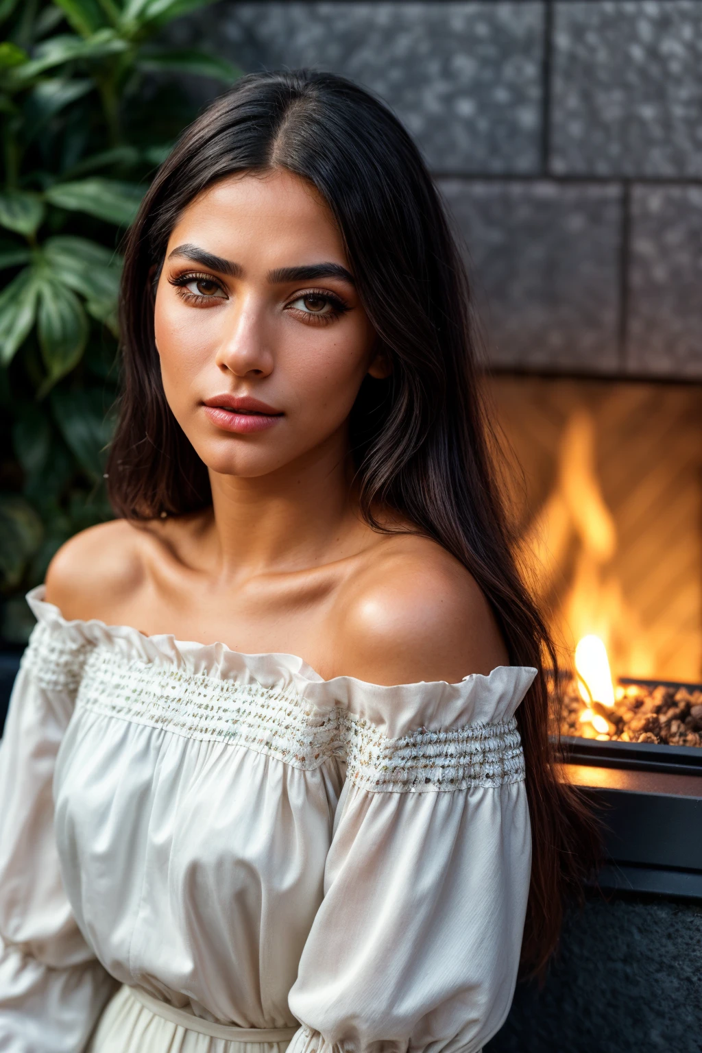photo of (EPHud43lmuft1:0.99), closeup portrait, perfect hair, (modern photo, Floral print blouse with a smocked off-the-shoulder neckline and puffed sleeves), 24mm, (analog, cinematic, film grain:1.3), ((time dilation healing spa, nanofiber-reinforced plastics, bio-luminescent algae,outdoor fireplace, pin spot lighting, gradient:1.1)), ((detailed eyes)), ((eyeliner, long lashes)), (epicPhoto), long eyelashes, (perfect waist), (painted lips)