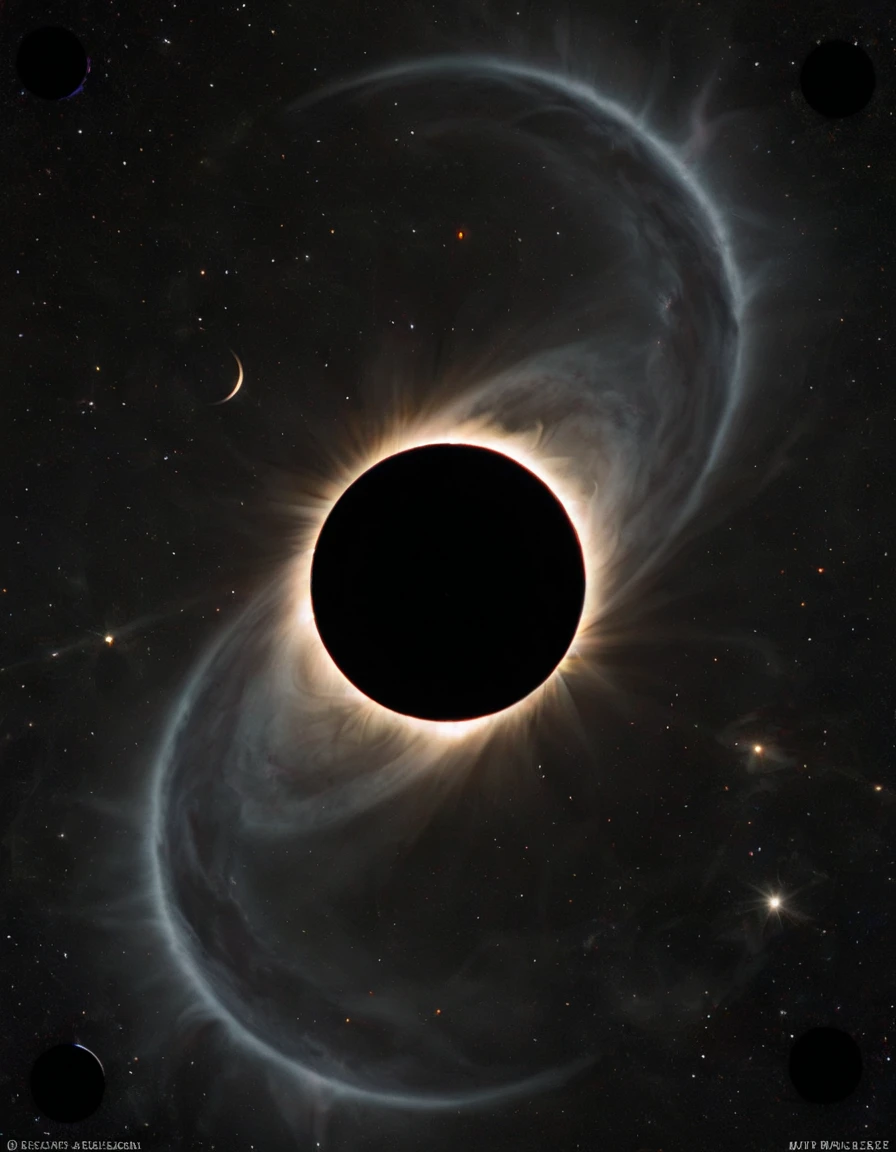 The total solar eclipse, the path of totality, celestial bodies aligned, in the style of Kip Thorne's black hole research visualization