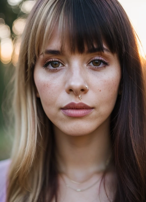 portrait of sks woman, (25yo), epic, forest, golden hour, hair with bangs, (photo, sunset, sony a7, 50 mm, matte skin, pores, colors, hyperdetailed, hyperrealistic), <lora:locon_melaniemartinez_v1_from_v1_64_32:1>