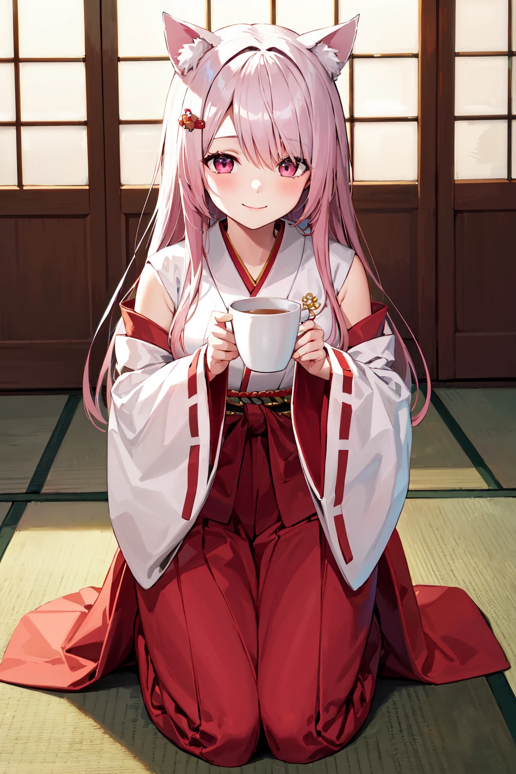 masterpiece, best quality, highres, bbyuika, long hair, pink hair, animal ears, hair ornament, miko, japanese clothes, white kimono, ribbon-trimmed sleeves, wide sleeves, sleeves past wrists, red hakama, hakama skirt, <lora:shiina_yuika_v1:0.7>, indoors, kneeling, smile, holding cup, indoors