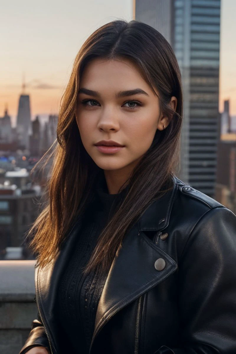 photo of S271_NanaRuskevych,a gorgeous woman,in a (city:1.1),wearing a (leather-coat:1.1),(cityscape),(sunset),(4k, RAW photo, best quality, depth of field, ultra high res:1.1),(absurdres, intricate, photorealistic, masterpiece, ultra-detailed:1.2),
