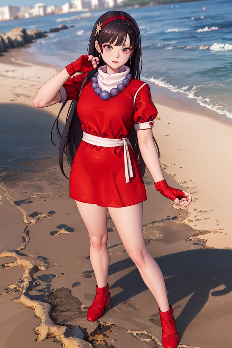 (masterpiece,  best quality:1.2), AthenaKOF96,  1girl,  turtleneck,  balls necklace,  fingerless gloves,  red dress,  short sleeves,  puff sleeves,  belt,  full body,  at the beach,  masterpiece,  perfect face,  perfect picture,  detailed eyes,  sharp focus,  full body, Blender,<lora:EMS-250988-EMS:1.000000>