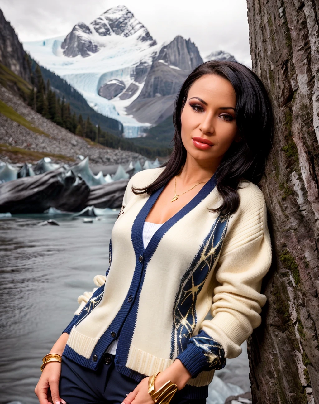 cinematic photo  style raw, <lora:quiron_SandeeWestgate_v1_lora:0.77> SandeeWestgateQuiron woman  Dressed in the (style of Abstract Expressionism Cartographer  gilded outfit  Formal Navy Cardigan sweater with Cufflinks) (with Eternal Glacier in the background ),  Leaning with one elbow on an invisible wall,    . 35mm photograph, film, bokeh, professional, 4k, highly detailed