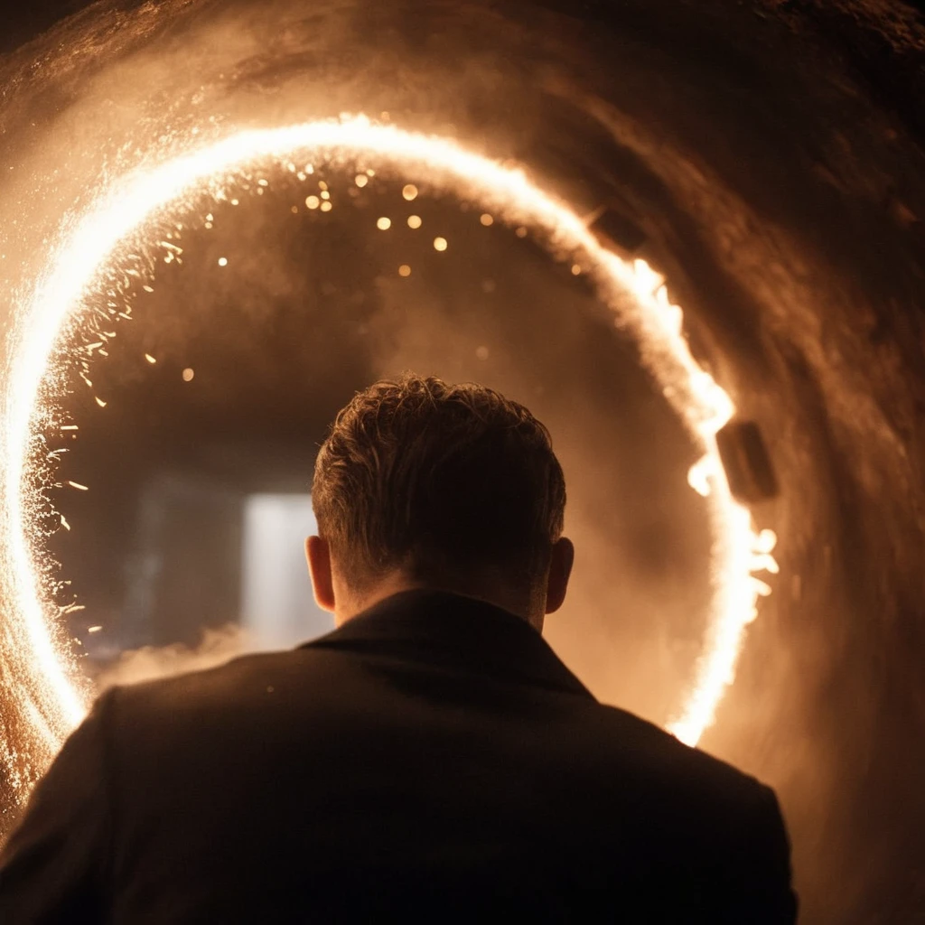 cinematic film still of <lora:Kodak Motion Picture Film Style:1.2>
Best Cinematography a man is being sucked into a black hole circle in a dark messy room underground with sparks and dust particles and fire ring on Kodak Motion Picture Film Style, shallow depth of field, vignette, highly detailed, high budget, bokeh, cinemascope, moody, epic, gorgeous, film grain, grainy