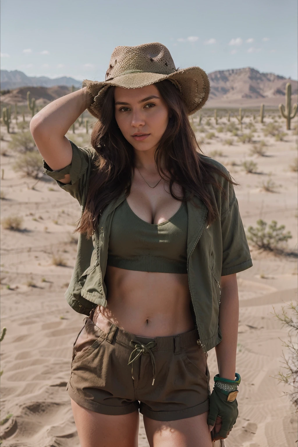 (8k, RAW photo, highest quality), picture of a young woman, <lora:SafariCaitlyn:1>, SafariCaitlyn, stainding, (green crop top), ((brown shorts)), brown jacket, brown hair, long hair, hat, fingerless gloves, cleavage, in a desert, sand, cactus