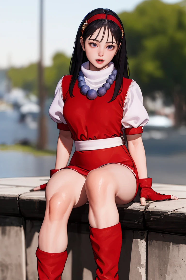 (masterpiece,  best quality:1.2),  AthenaKOF96,  1girl,  turtleneck,  balls necklace,  fingerless gloves,  red dress,  short sleeves,  puff sleeves,  belt,  socks,  boots ((medium shot)),  sitting,  at the pub,  holding a cocktail drink,  perfect face,  perfect picture,  detailed eyes,  sharp focus,  full body,<lora:EMS-250988-EMS:1.000000>