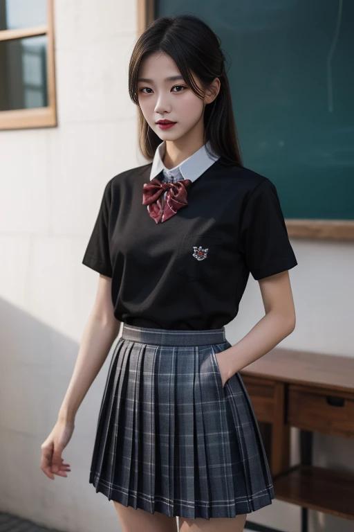 ltra-detailed,highly detailed,best quality,masterpiece,illustration,realistic,photorealistic,
xiaofu, 1girl, solo, school uniform,collared shirt, pleated skirt, bowtie, cowboy shot,
<lora:xiaofu_v1_04:0.7>