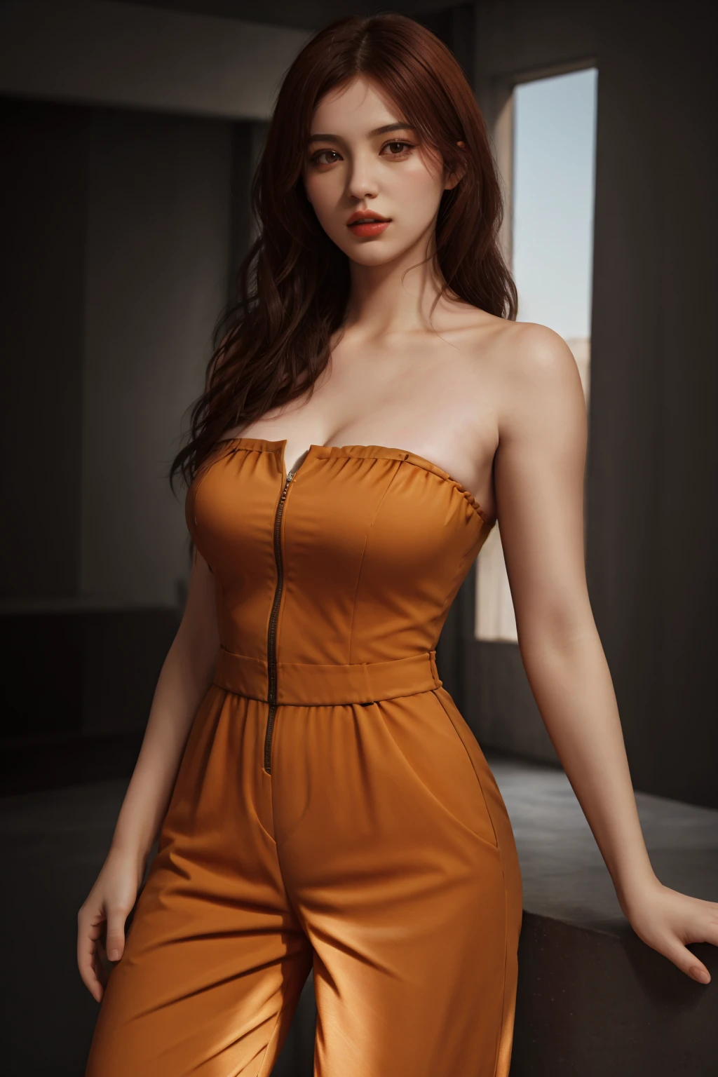 ((best quality)),absurdres,(ultra high res), a woman in a strapless jumpsuit, orange suit, medium hair, perfect female body, extremely detailed, (realistic), (8k), (Masterpiece), (realistic skin texture), <lora:strapless:0.7>