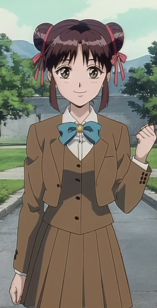 MY, 1girl, solo, smile, looking at viewer, hair ribbons, double buns, jacket, long sleeves, bowtie, skirt, perfect quality, good quality, masterpiece, HDR, UHD <lora:Miaka Yuuki:0.8>