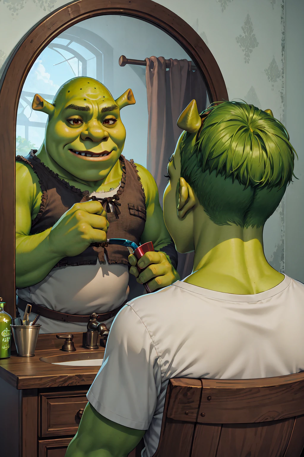 IncrsDualPersonaRef, <lora:DualPersonaReflection:1>, mirror, shrex, green skin, ogre, shrek, <lora:Char_Sigmas_Shrek:0.8>, 2boys,