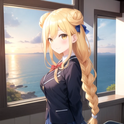 ((masterpiece)),(best quality),official art,extremely detailed CG,unity 8k wallpaper,ultra detailed,A lighthouse on a cliff by the sea,1girl,solo,upper body,(portrait:1.2),looking at viewer,hoshimiya mukuro,very long hair,hair bun,double bun,arms behind back,blonde hair,braid,hair bow,hair ribbon,large breasts,school uniform,smile,striped pantyhose,yellow eyes,pleated skirt,blue skirt,black jacket,white shirt,brown loafers,<lora:Hoshimiya Mukuro(dal)>,<lora:Hoshimiya Mukuro(dal):0.5>,