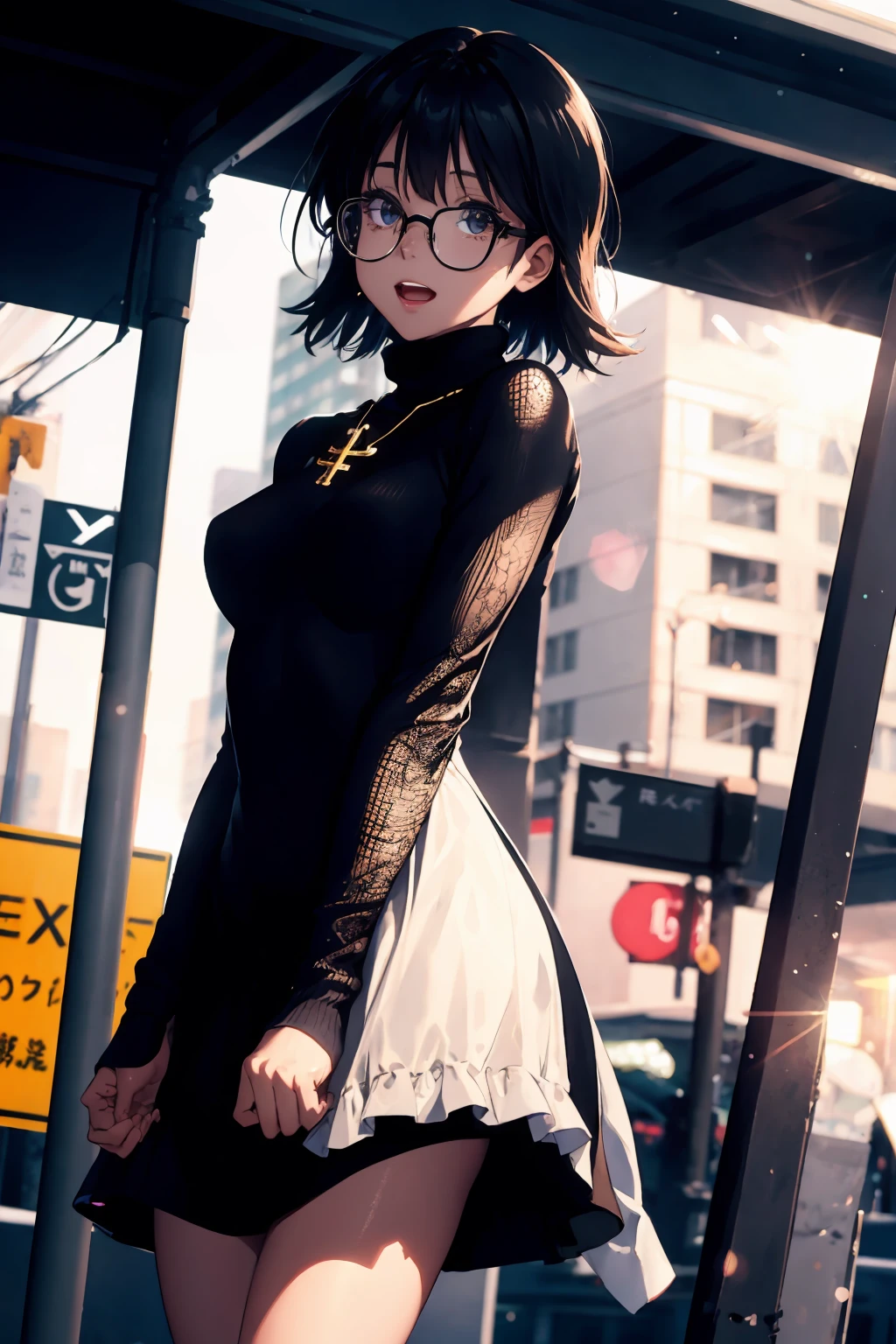 ((masterpiece)),best quality,((perfect face)),(super detailed),sharp focus,(beautiful),adult,(best quality),depth of field,rich in details and textures,shiny skin,light particles,lens flare,Fine dust reflected in light, Amazing, finely detail, 1girls, EPShizuku, solo, round_eyewear, medium_breasts, looking at viewer,upper body, tattoo, inverted_cross, necklace, <lora:EPShizuku-10:0.7>,
BREAK
Turtleneck Aran sweater layered under a slip dress with combat boots, from below, bus stop, night, own hands together, :D